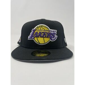New Era LA Lakers 59Fifty Fitted Hat Black Purple‎ Gold Los Angeles Size 7 1/2